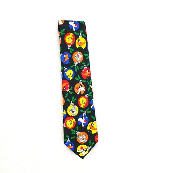 Warner Bros. Other - Vintage Looney Tunes Mania Christmas Tie Black Holly Bulbs Character Graphic
